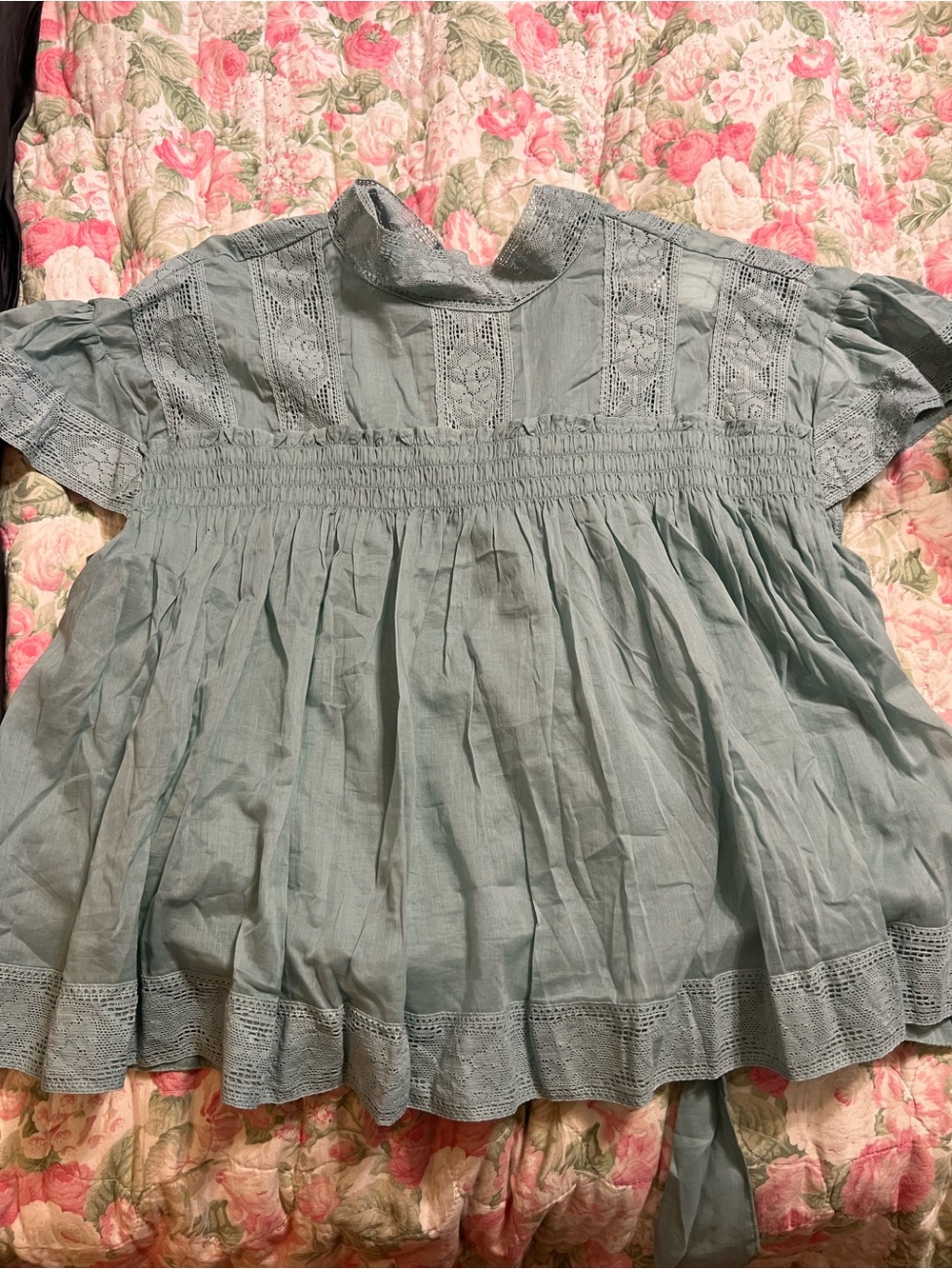 chic Dusty Blue Lace-Trim Smocked Peasant Top